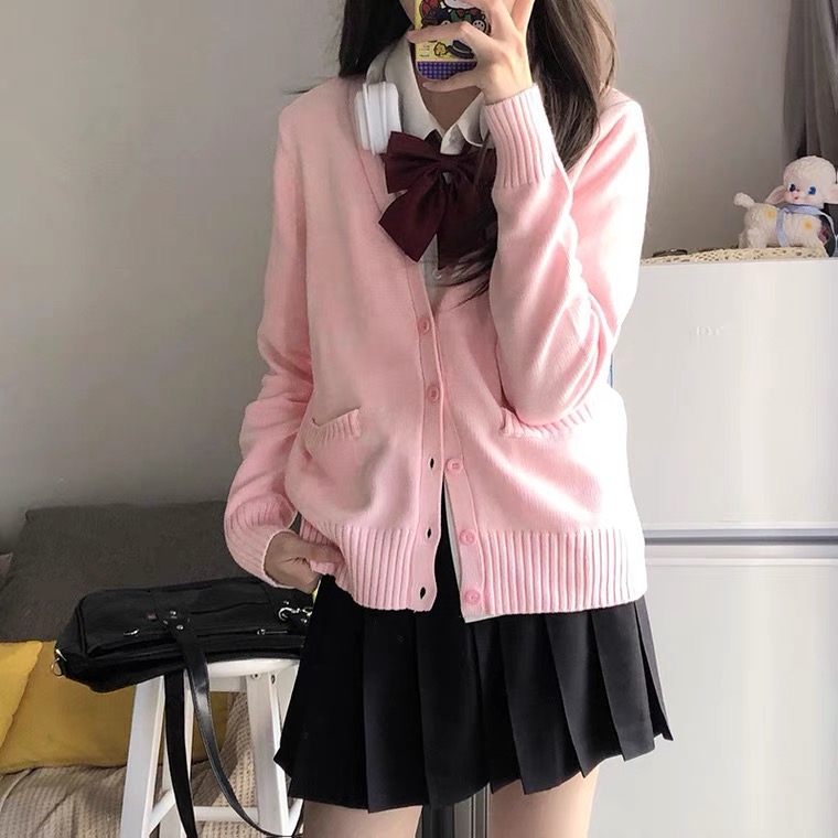 粉色软妹V领长袖宽松减龄针织衫