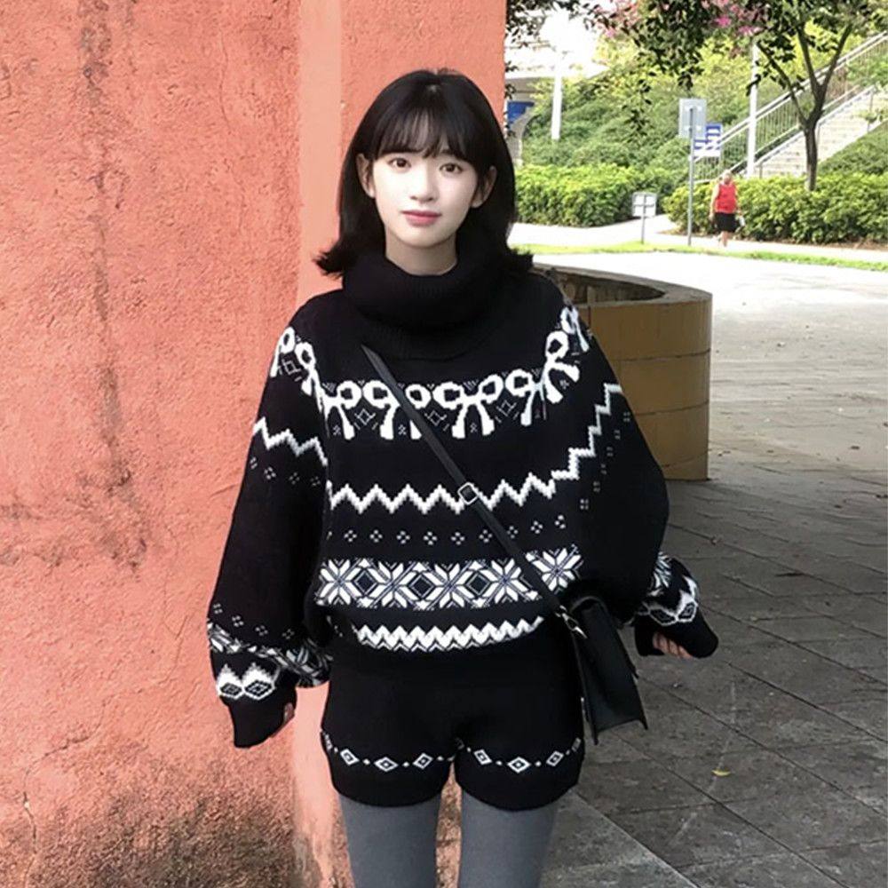 日系氛围感高领蝴蝶结提花长袖费尔岛毛衣女+针织衫短裤两件套装,女装/女士精品,时尚套装,淘宝优惠券,粉丝福利购,淘宝优惠卷