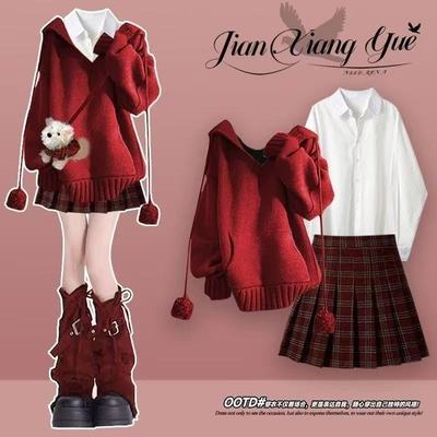 小套装红色百褶裙衬衫三件套