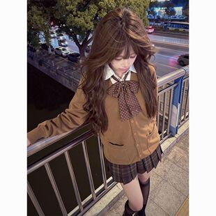毛衣女 格裙学院长袖 焦糖可颂原创棕色日系针织JK制服开衫 秋冬套装
