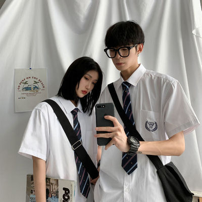 DK制服男生基础款白衬衫短袖原创设计刺绣学生学院风情侣jk衬衣