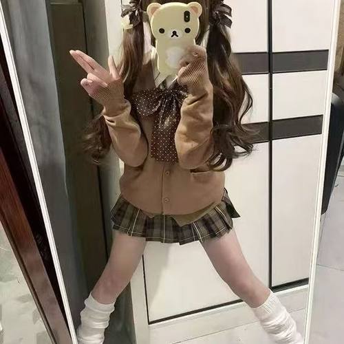 制服秋冬学院风棕色开衫小棕格裙