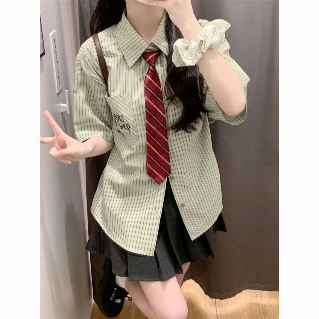日系可爱风条纹衬衫POLO短袖女小众百褶裙显瘦甜辣妹百搭ins套装,女装/女士精品,时尚套装,淘宝优惠券,粉丝福利购,淘宝优惠卷