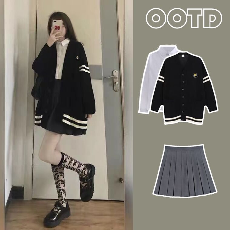 开衫针织外套女春季外搭毛衣复古日系慵懒风jk制服春秋学院风套装