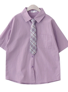 DuForm自制夏季新款复古学院风百搭宽松短袖紫色衬衫配格子领带