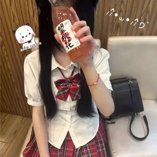 jk原创制服日系绑带收腰衬衫学院修身显瘦短袖辣妹衬衣百褶裙套装