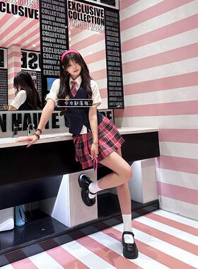 德兰西小姐日系JK制服学院风穿搭收腰上衣搭配玫红格裙软妹套装女