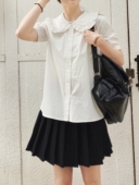 软妹白色娃娃领衬衫 2022年自制夏季 日系纯色宽松甜美百搭短袖 女