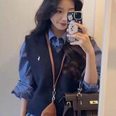 套装 韩系时尚 潮 蓝色格纹衬衫 两件 叠穿针织衫 马甲背心毛衣女学生