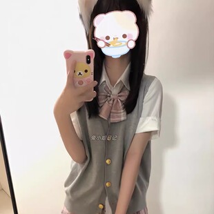 日系学院风早秋款V领针织衫马甲背心百搭春时JK格裙校供感整套装