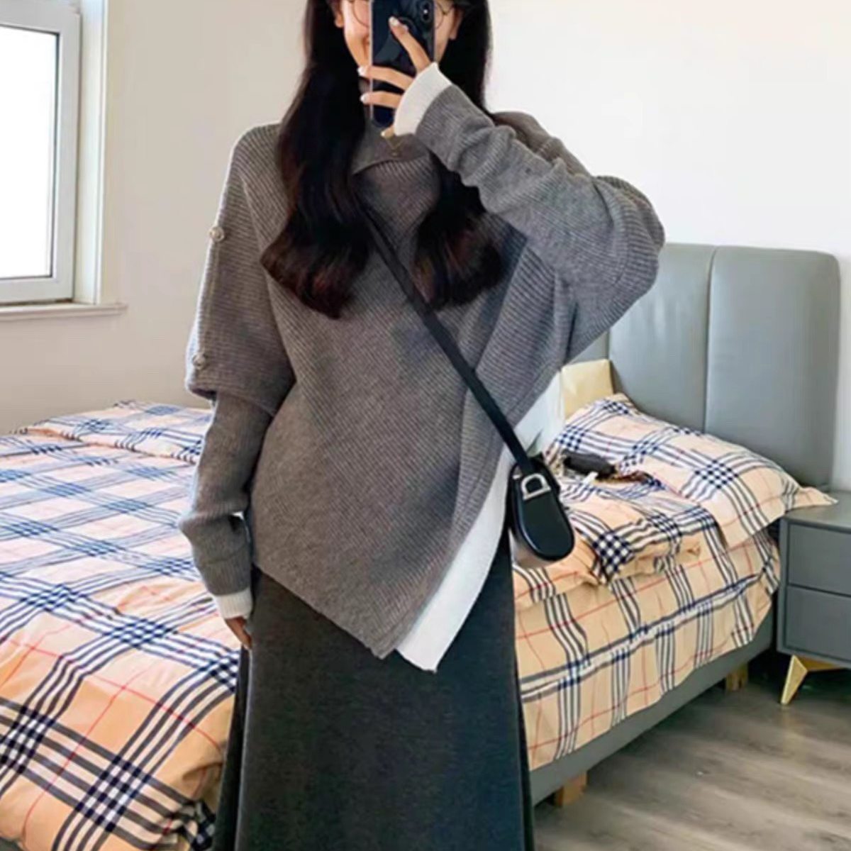 韩系毛衣不规则针织衫两件套装