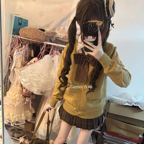 秋冬JK制服焦糖可颂格裙棕色开衫