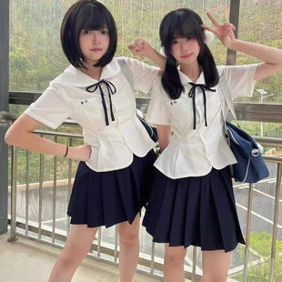 JK原创娃娃领衬衫 女 夏季 小众日系收腰花瓣摆可爱制服百褶格裙套装