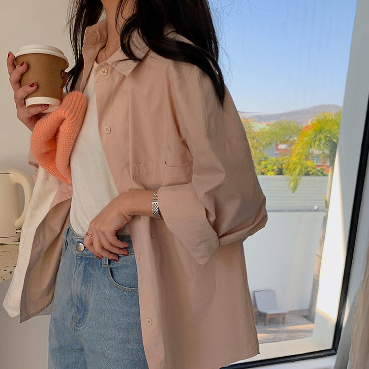 春秋2024新款复古港风粉色衬衫上衣女韩版宽松时尚洋气百搭衬衣潮