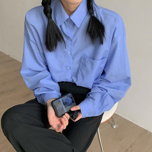 上衣女 蓝色衬衫 韩系CHIC风新款 简约百搭bf风宽松质感气质内搭长袖