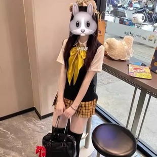 原创日系JK制服早春套装针织背心毛衣学院风软妹校供感向日葵格裙