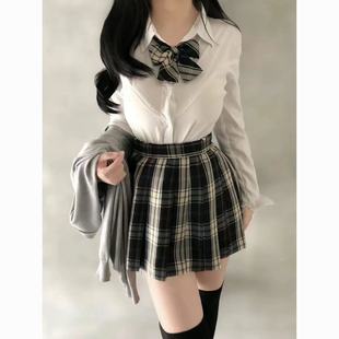 春秋格子百褶裙半身裙两件套学院风jk制服套装 女 收腰白色长袖 衬衫