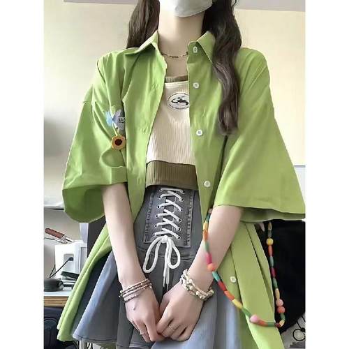 美式复古牛油果绿POLO领短袖衬衫