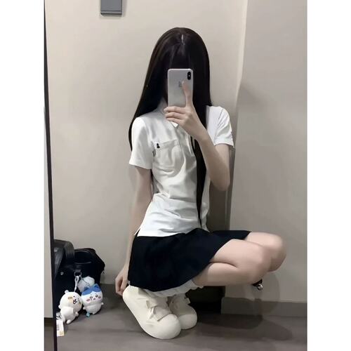 夏季小个子穿搭韩系宽松T恤套装女plol衫短袖上衣时尚短裙一整套