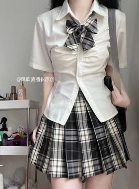 jk制服正版原创纯欲风收腰衬衫长短袖白色衬衣显瘦学院风蓝色jk裙