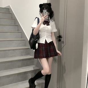 纯欲辣妹JK制服半身裙套原创新款收腰衬衫海棠红格裙短裙一整套