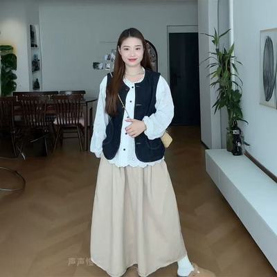 三件复古牛仔马甲刺绣衬衫半身裙