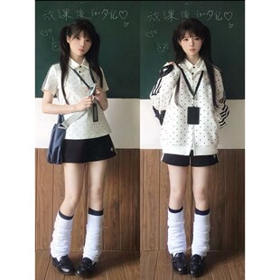 软妹翻领上衣白波点POLO衫小众设计感短袖女休闲短裤体操服套装