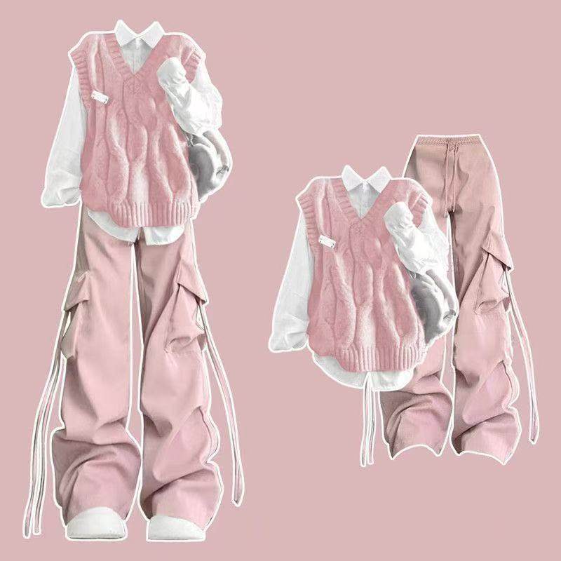 秋季新款学院风粉色麻花毛衣背心马甲叠穿绑带衬衫学生女时尚套装