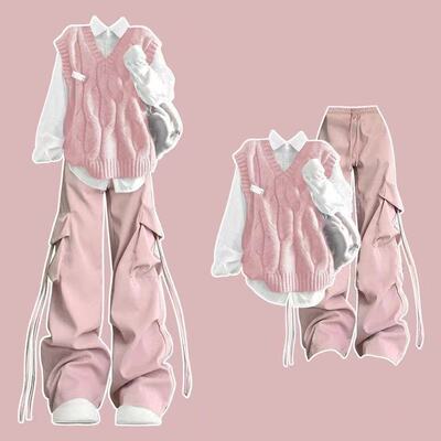 学院风粉色麻花毛衣马甲绑带衬衫