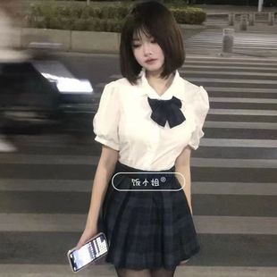 原创jk修身 制服两件套高腰JK学院风纯欲衬衣日系收腰衬衫 格裙套装