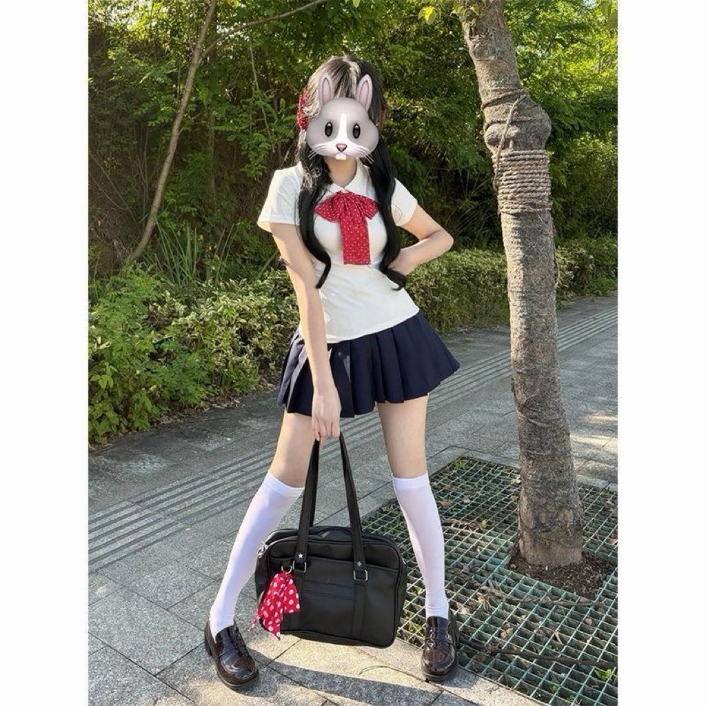 JK制服白色修身POLO衫百褶裙套装图片