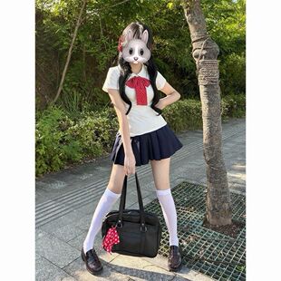 春夏季JK制服穿搭白色修身POLO衫短袖上衣搭配百褶裙软妹套装女
