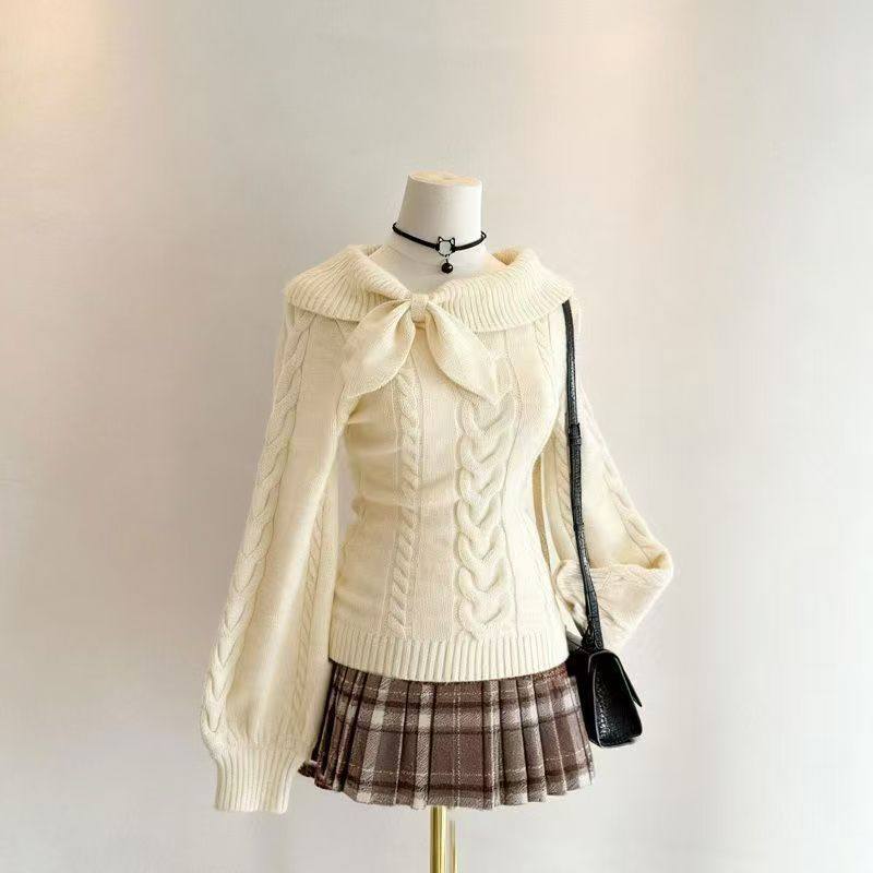奈奈风兔耳结针织衫收腰毛衣秋冬套头显瘦学院jk毛线裙子套装,女装/女士精品,时尚套装,淘宝优惠券,粉丝福利购,淘宝优惠卷