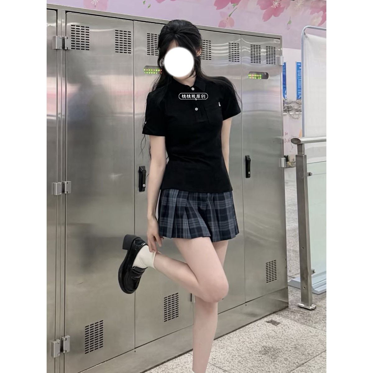日系JK制服2026原创黑色修身收腰Polo衫搭配烟灰裙夏季甜妹套装女图片