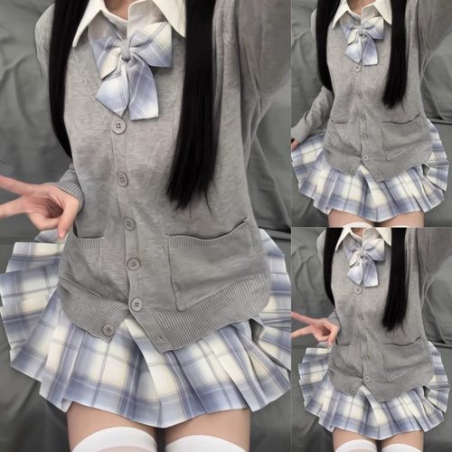 原创jk制服套装秋冬季新款格裙百褶短裙子学院风毛衣针织衫三件套