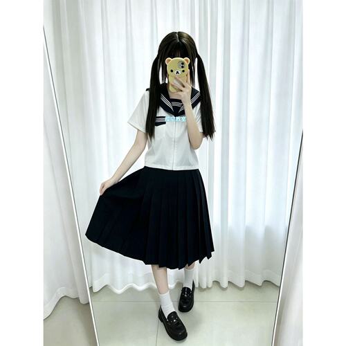 原创JK制服正版日系白三本学院水手服基础款中间绀色中裙软妹套