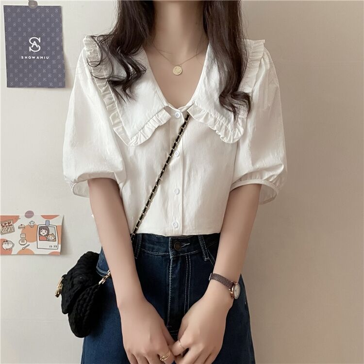 夏季复古港味短袖娃娃领衬衫