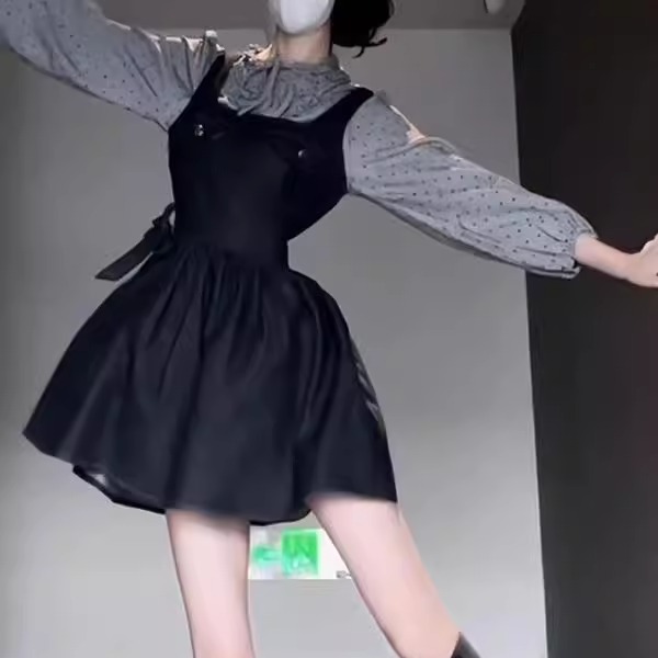 两件套韩版学院风复古波点系带花边衬衫女+牛仔蝴蝶结背心连衣裙