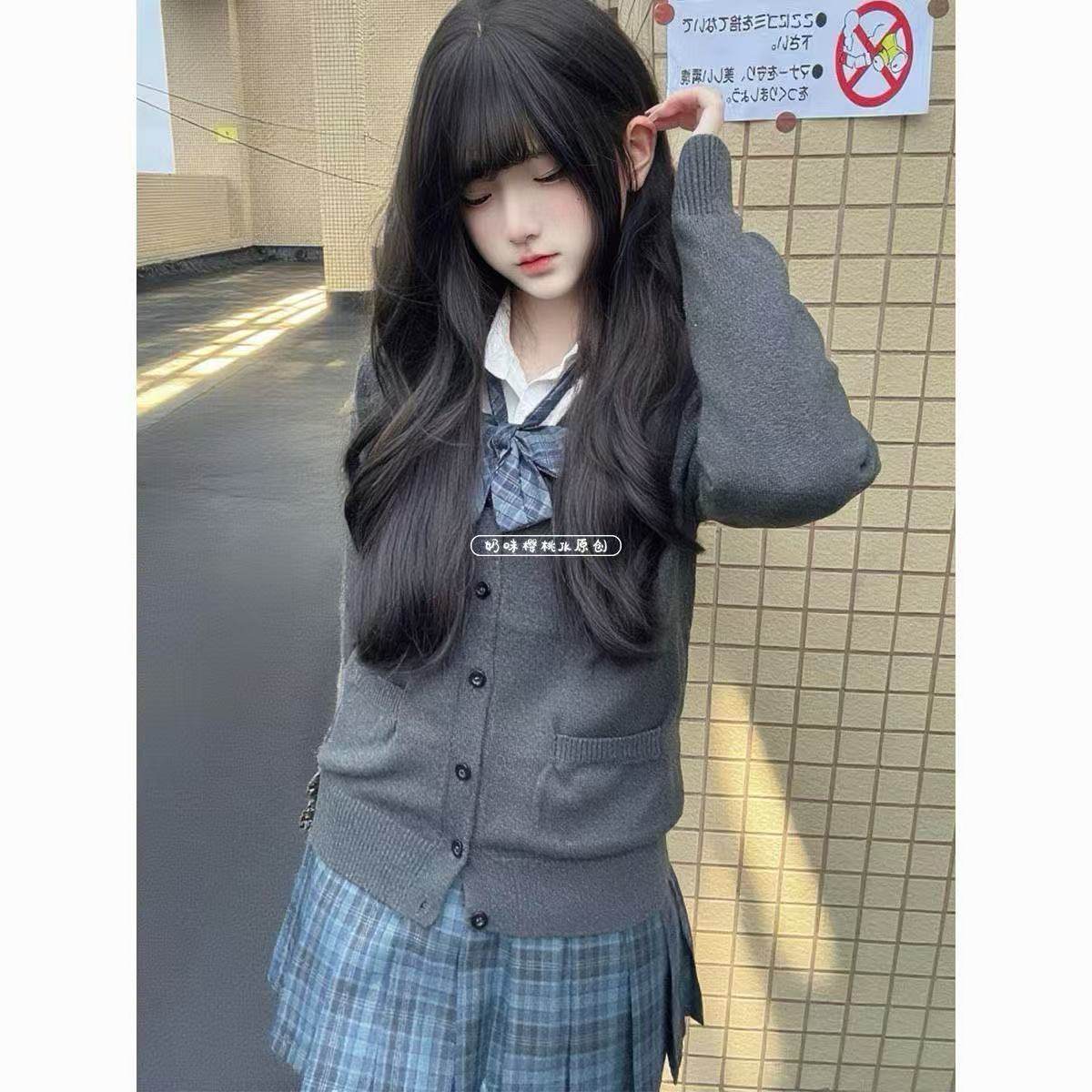 日系JK原创制服正版针织开衫毛衣外套秋冬学院校供感海苔格裙套装