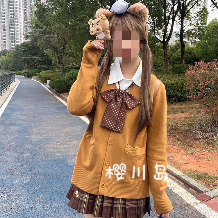 焦糖可颂jk制服棕色开衫格裙套装
