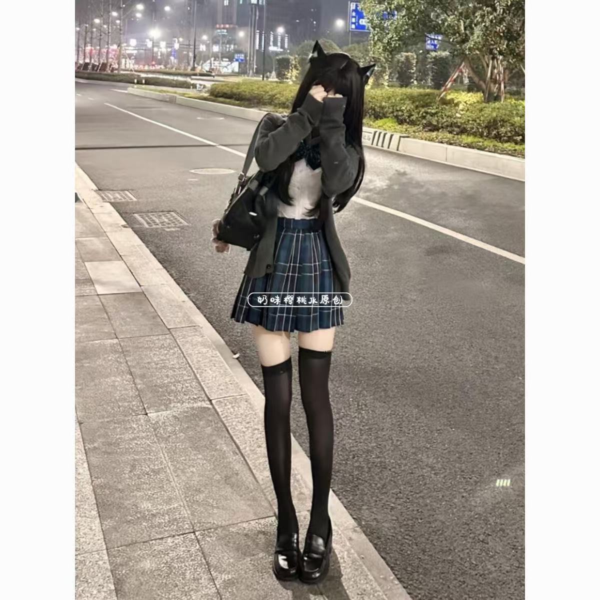 日系jk制服长袖衬衫开衫格裙套装