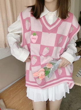草莓格子V领马甲针织衫男女潮牌宽松外穿无袖套头毛衣秋FPMZ