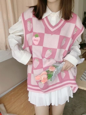 草莓格子V领马甲针织衫男女潮牌宽松外穿无袖套头毛衣秋FPMZ