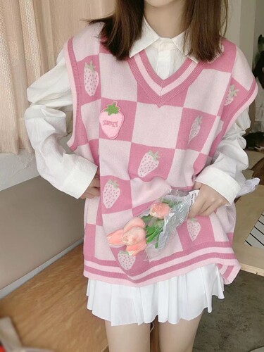 草莓格子V领马甲针织衫男女潮牌宽松外穿无袖套头毛衣秋FPMZ
