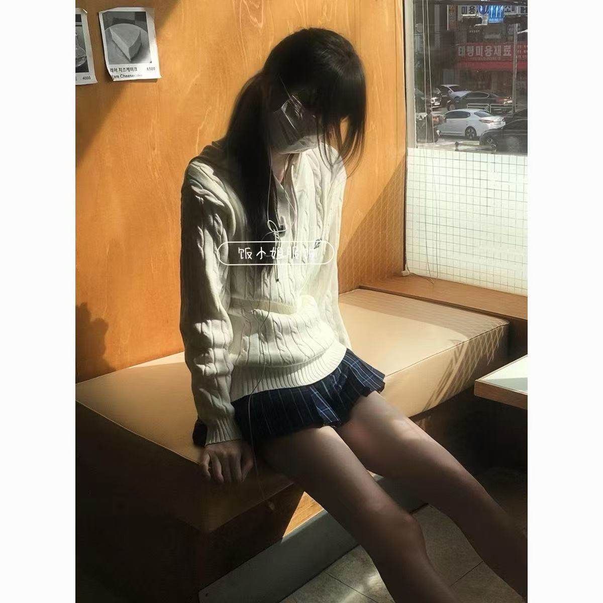 秋冬韩系JK制服连帽麻花针织衫学院风新品白色校供感甜美长袖上衣