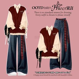 圣诞秋冬穿搭职业套装 女2025小众学院风巨好看两件套减龄红色马甲