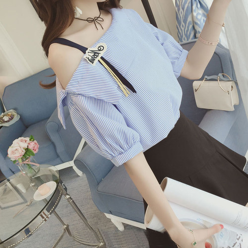 条纹衬衫女短袖2022新款夏装学生宽松韩版ulzzang百搭半袖衣服潮