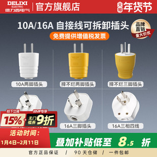 德力西插头二脚三脚10a16a大功率电源电线插头二三孔不带线三插孔