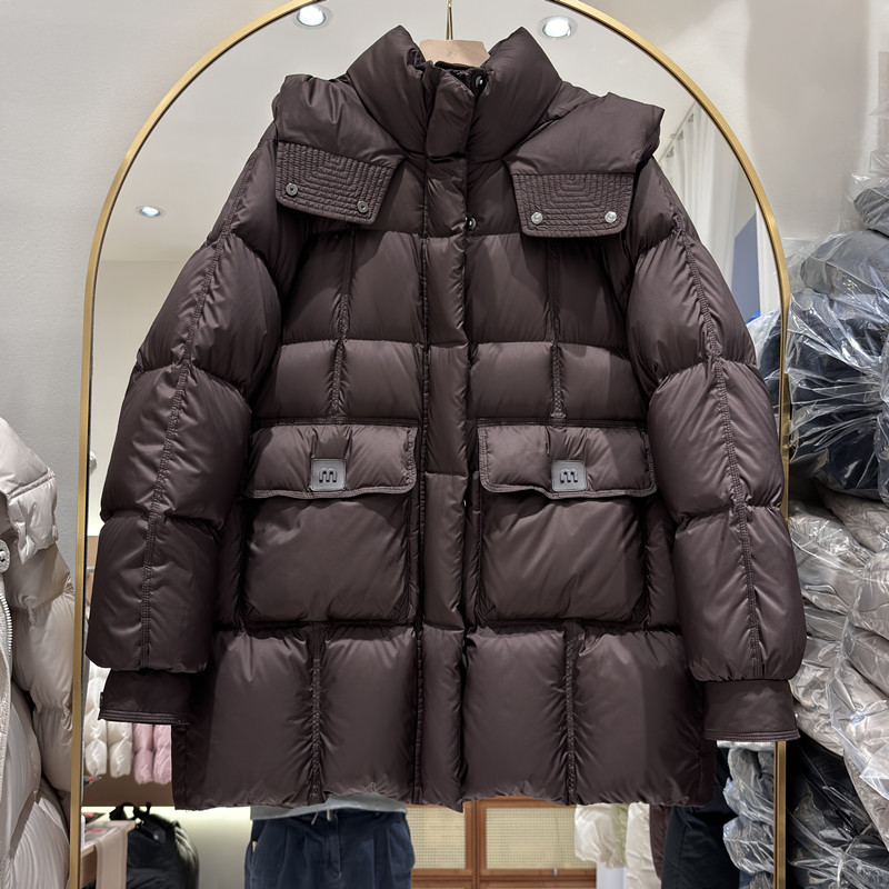 2024冬装新款加厚羽绒服女中长款韩版连帽大口袋白鸭绒面包服外套