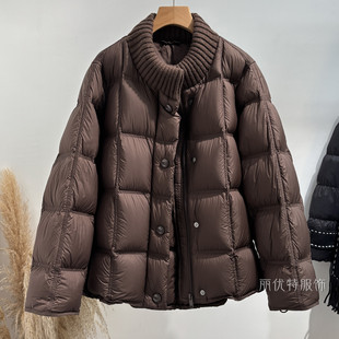 洋气羽绒服女拼接针织立领磁吸扣2025冬新款加厚宽松90白鸭绒外套